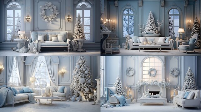  a series of photographs of a living room decorated for christmas.  generative ai