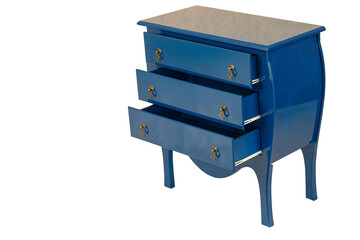 Criado Mudo de cor azul, duas gavetas com puxadores de metal. São Paulo, Brasil. 
Formato de arquivo png fundo transparente.
