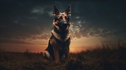 german shepherd dog on sunset - obrazy, fototapety, plakaty