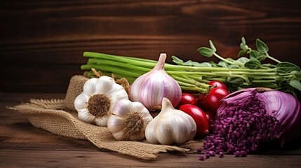 garlic onion and parsley collection on a wooden table