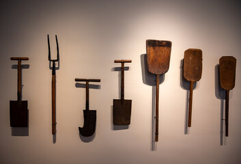 Old hand works equipment for traditional making champagne sparkling wine from chardonnay and pinor noir grapes, Epernay, Champagne, France