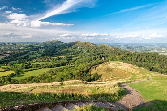 British Camp hill fort,stairs and pathway leading north, across the Malvern Hills,Herefordshire,England,United Kingdom.