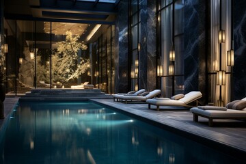 Stylish relaxation haven featuring an exquisite indoor water pool. Generative AI