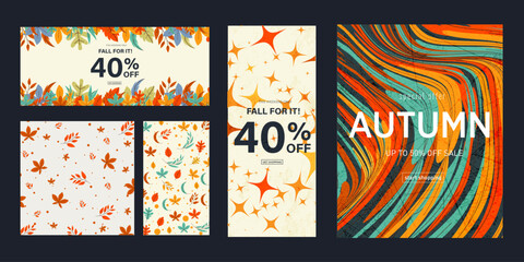 Trendy Autumn Sale. Set Modern Pattern with Leaves, Optical Stripes. Season Discount Offer 40%. Abstract  3d Art for Advertising, Web, Poster, Banner, Cover. Vector illustration.