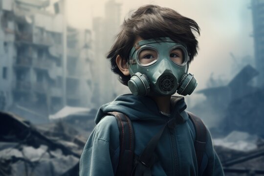 Child with mask in front of an industry with smoke in the background, pollution scene. Generative AI