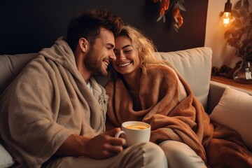 Cheerful young couple sipping their coffee while wrapped in warm blankets on the couch at home. The room emanates a cozy autumn-winter atmosphere, with soft lighting casting a gentle glow. - obrazy, fototapety, plakaty