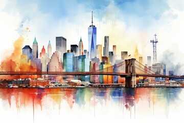 Vibrant watercolor New York skyline illustration. Generative AI