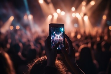 two hands recording a crowded concert with her smartphone - obrazy, fototapety, plakaty