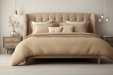 Aesthetic luxury composition of King-size bed with beige bed linen in adorable bedroom