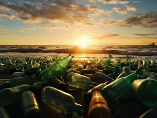Several glass bottles on the beach sand, pollution to the environment. Generative AI