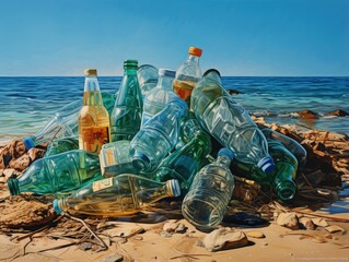 Several plastic bottles on the beach sand, pollution to the environment. Generative AI - obrazy, fototapety, plakaty