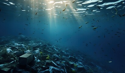 Illustration of a huge amount of garbage floating in the ocean, pollution to the environment. Generative AI