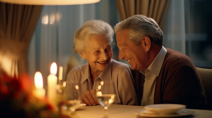 Elderly couple sharing an affectionate look over a candlelit dinner, ambient room lighting, soft glow - obrazy, fototapety, plakaty
