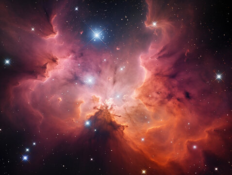 nebulae in Orion’s Belt, gaseous formations, radiant shades of pink and orange, myriad of twinkling stars, celestial grandeur