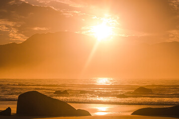 Big island, Ilha grande , Rio de Janeiro - Brazil , sunrise or sunset in the beach, golden hour - obrazy, fototapety, plakaty