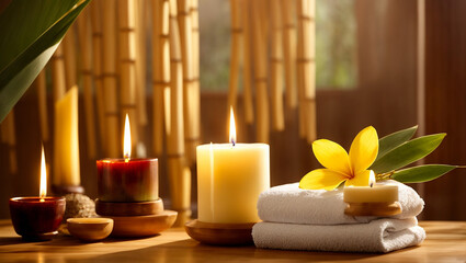 Obraz na płótnie Canvas Candles, towel, flower, spa salon concept