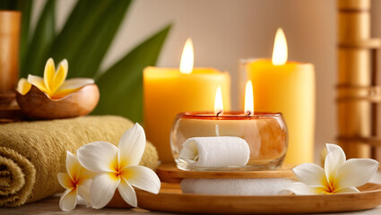 Fototapeta na wymiar Candles, towel, flower, spa salon concept