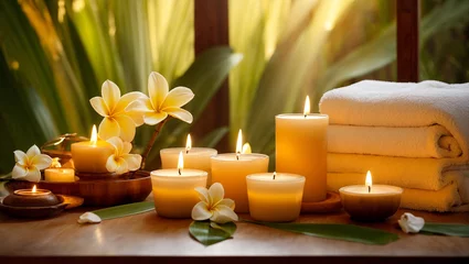 Foto auf Acrylglas Spa Candles, towel, flower, spa salon concept