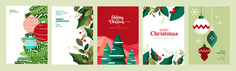 Merry Christmas and Happy New Year greeting card template. Vector illustrations for background, greeting card, party invitation card, website banner, social media banner, marketing material. - obrazy, fototapety, plakaty