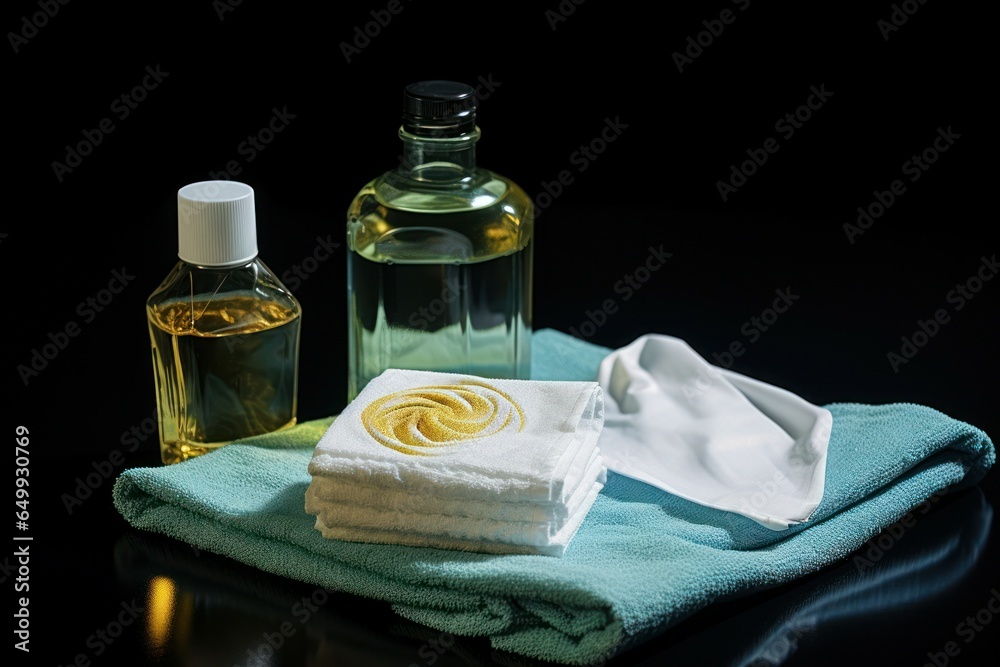 Poster A simple and practical image featuring a towel, a bottle of oil, and a towel placed on a table. This versatile image can be used in various contexts.