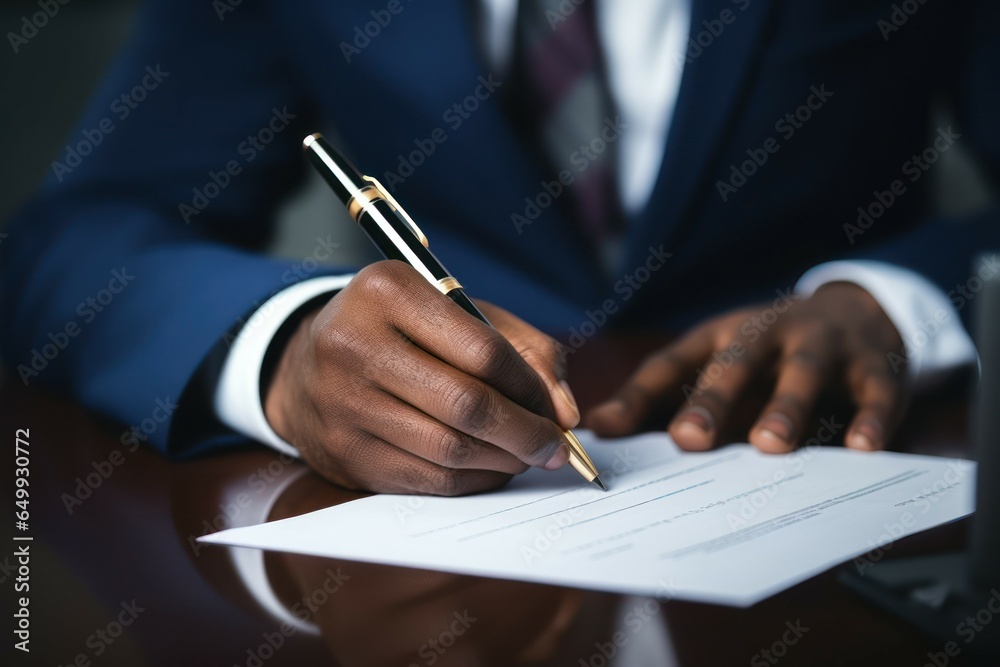 Poster a man in a suit signing an important document. this image can be used to represent business, contrac