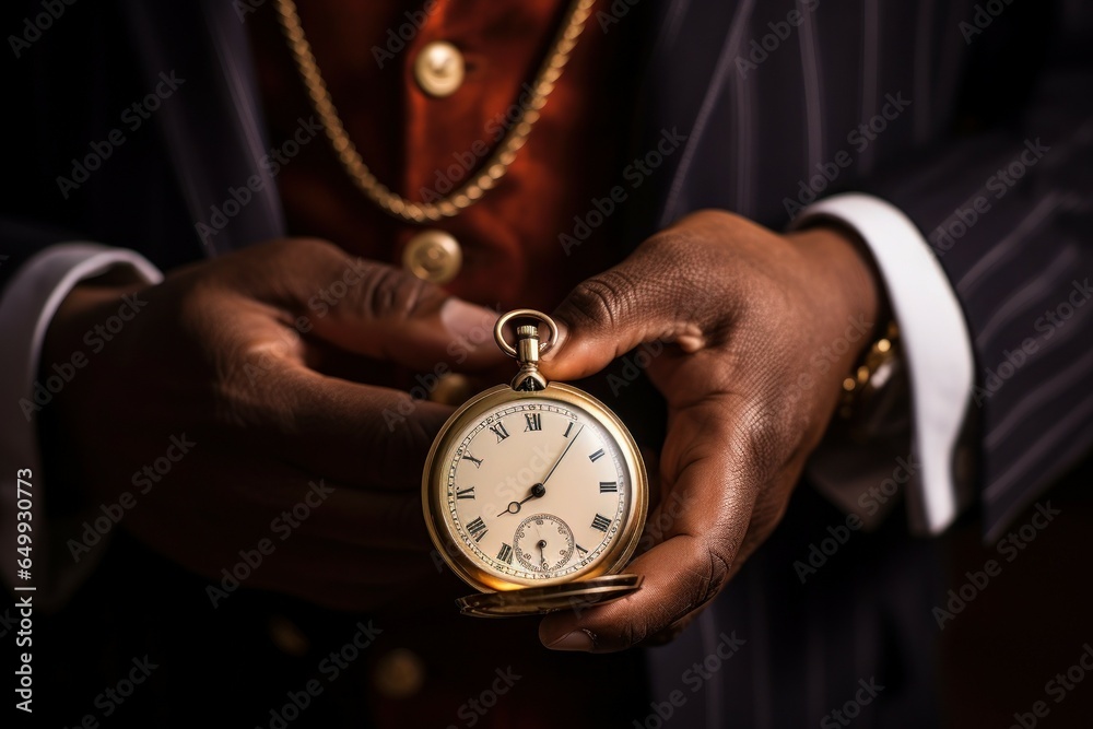 Poster a man in a suit holding a pocket watch. this image can be used to represent time management, punctua