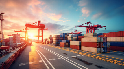 Container Terminal Operations at Sunrise, Logistics - obrazy, fototapety, plakaty
