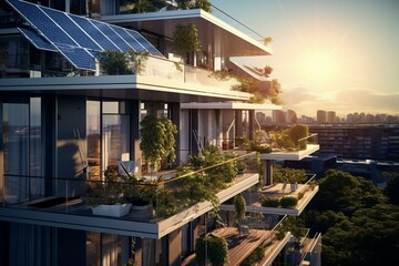 Renewable energy on balcony in sustainable building. Solar powers apartments. Generative AI