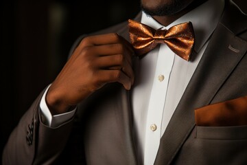 A close-up shot of a person wearing a suit and a bow tie. Suitable for business, formal events, and fashion-related projects.