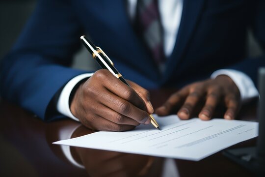 A man in a suit signing an important document. This image can be used to represent business, contracts, agreements, or legal proceedings.