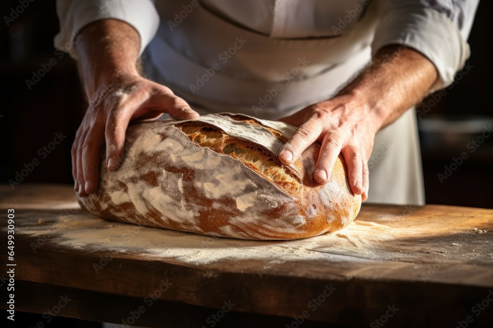 Poster a man in a chef's uniform is skillfully slicing a loaf of bread. this image can be used to depict a 