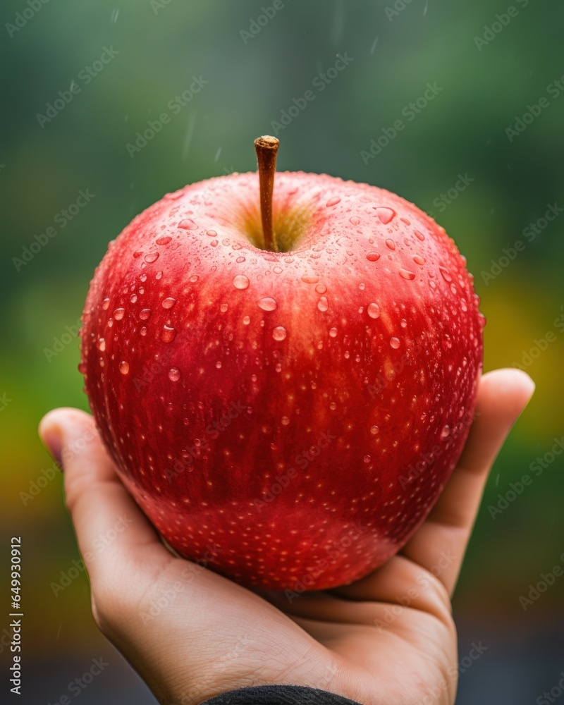 Poster a person is holding an apple with water droplets on it. this image can be used to depict freshness, 