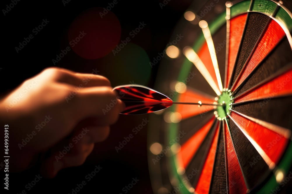 Aufkleber A person holds a dart in front of a dart board. This image can be used to represent the concept of aiming, precision, competition, or sportsmanship.