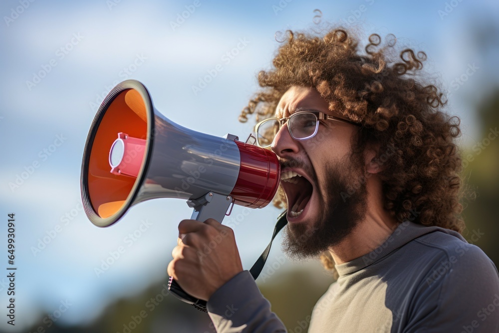 Poster a powerful image of a man with curly hair passionately shouting into a megaphone. this picture captu