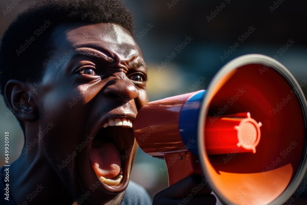 Poster a man is seen shouting into a red and blue megaphone. this image can be used to portray concepts suc