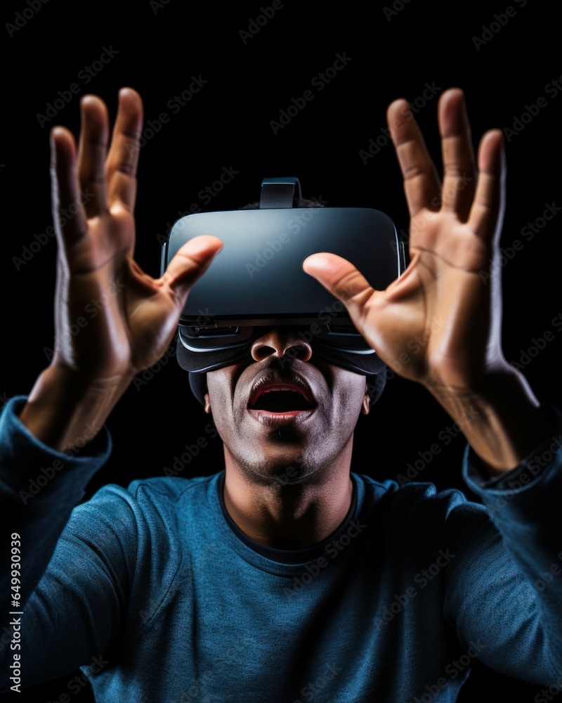 Poster a man in a blue shirt is using a virtual reality device. this picture can be used to illustrate the 