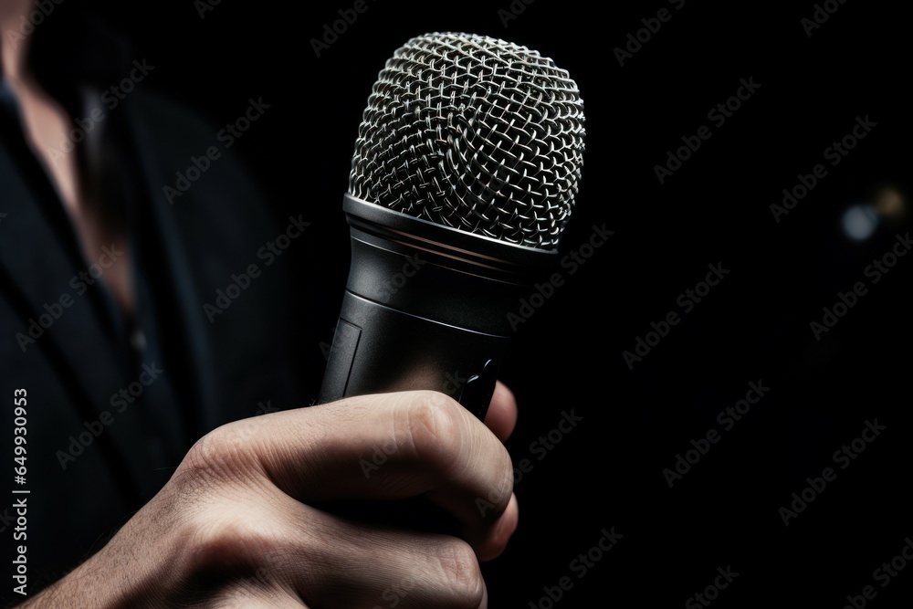 Poster A close-up view of a person holding a microphone. This image can be used for various purposes such as presentations, public speaking, interviews, or live performances.