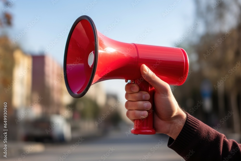 Poster a person holding a red megaphone in their hand. this image can be used to convey announcements, publ