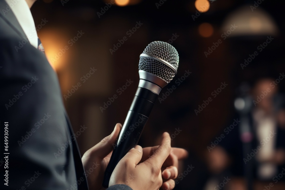 Poster a professional man in a suit confidently holds a microphone. this image is perfect for presentations