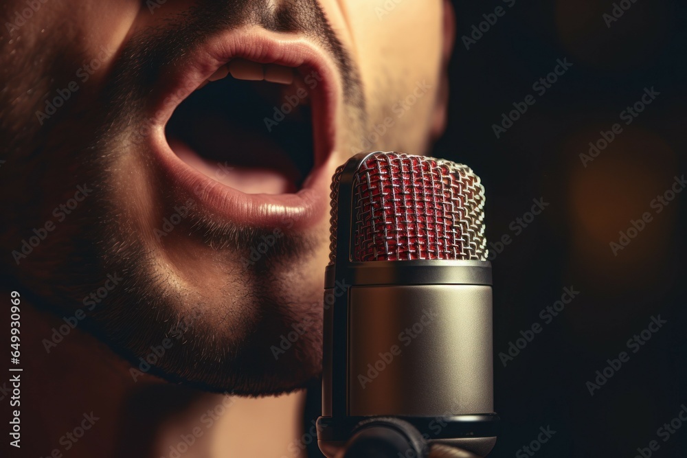 Aufkleber A man with his mouth open, singing into a microphone. This image can be used for music-related projects or events.