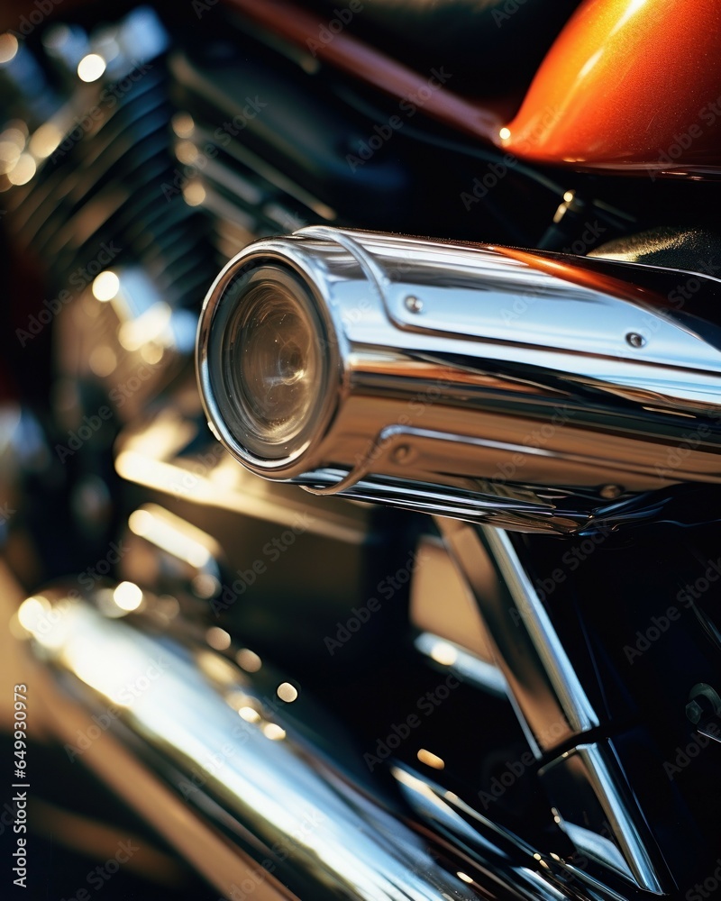 Poster a detailed close-up view of a motorcycle's exhaust pipe. this image can be used to showcase the intr
