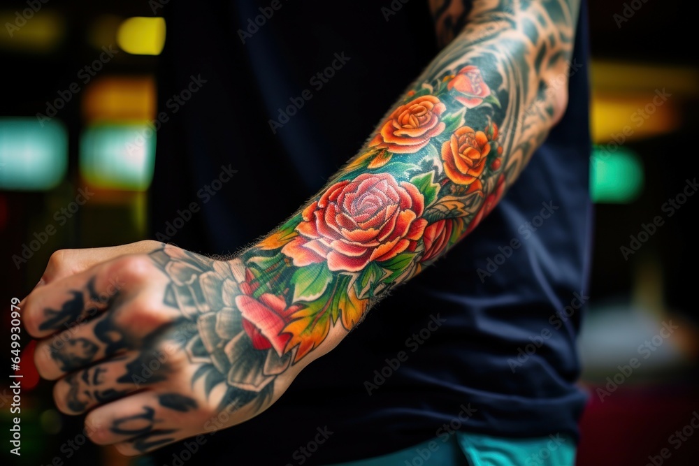 Poster a picture of a man with a tattoo on his arm. this image can be used to depict a person with body art