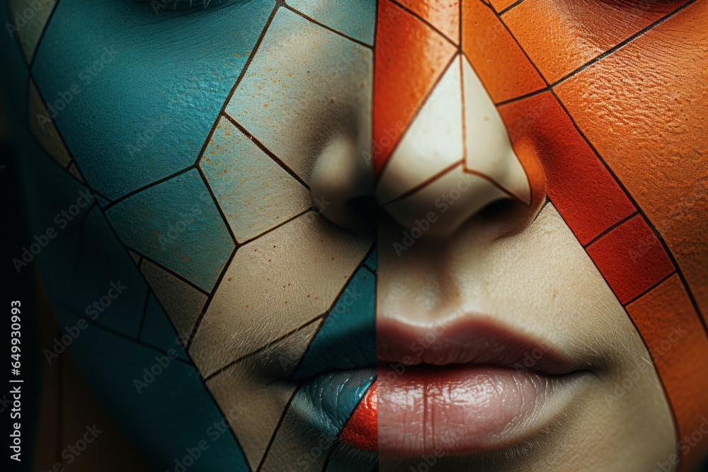 Poster a close-up view of a person with their face painted. this image can be used for various purposes, su