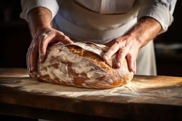 A man in a chef's uniform is skillfully slicing a loaf of bread. This image can be used to depict a professional chef preparing food in a bakery, restaurant, or kitchen setting.