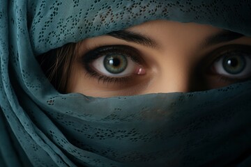 Naklejka premium A close-up view of a woman's eyes with a delicate veil draped over her head. This image captures the mysterious and alluring beauty of the eyes hidden behind the veil. Perfect for adding an air of ele