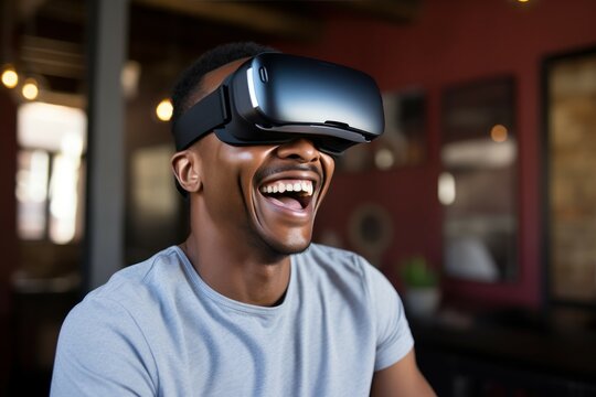 A man wearing a virtual reality headset is seen laughing. This image can be used to illustrate the enjoyment and entertainment that virtual reality technology brings.
