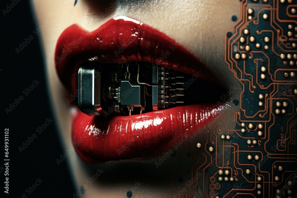 Poster close up of a woman's lips with a circuit board in the background. can be used to depict technology,