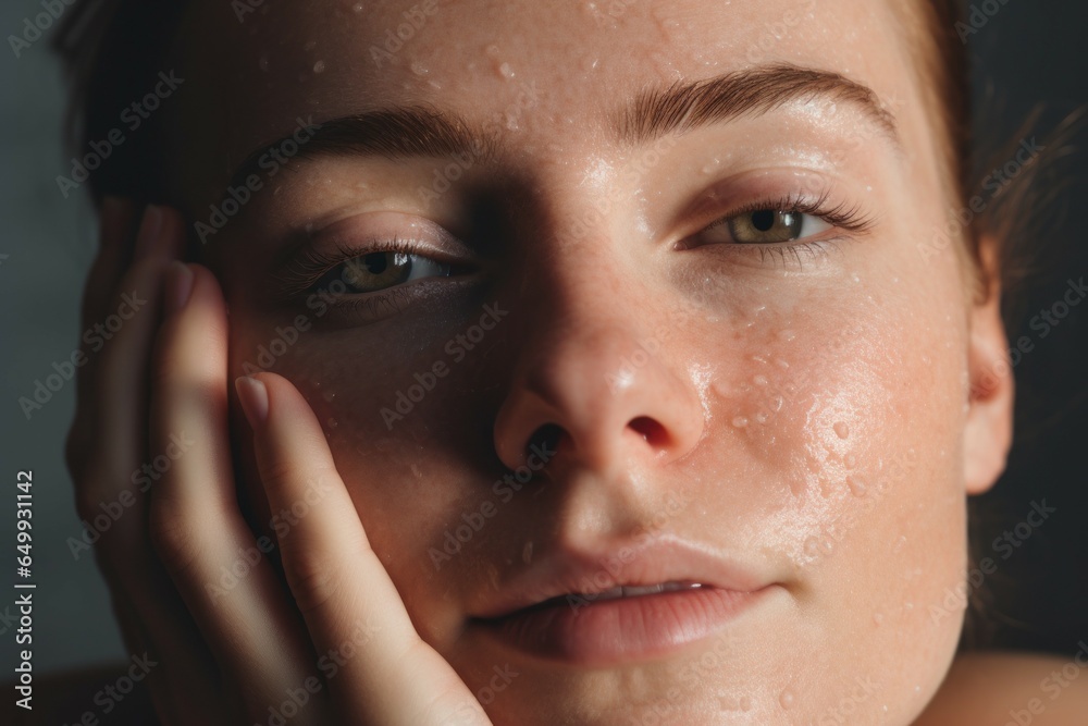 Poster a close-up view of a woman's face with an abundance of water covering her features. this image captu
