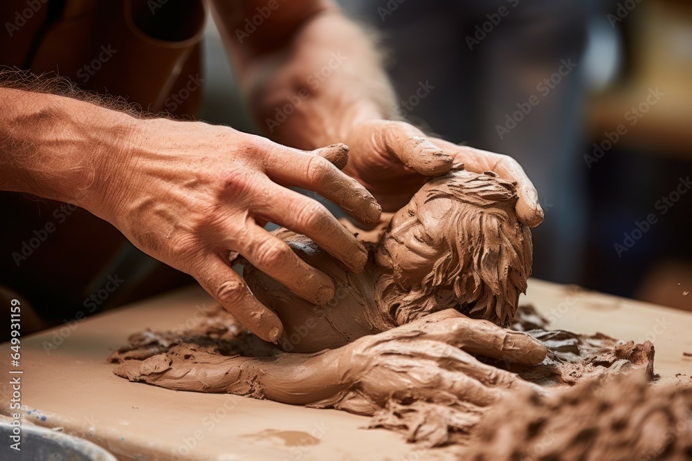 Poster A person is sculpting a statue of a man. This image can be used to depict creativity, artistry, craftsmanship, or the process of sculpting. It can also be used in articles or blogs about sculpting, ar