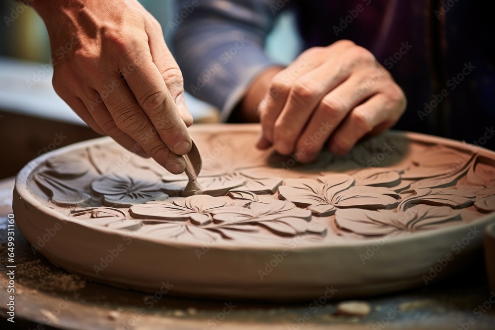 Poster A close-up view of a person carving a plate with a knife. This image can be used to showcase the art of plate carving or as a representation of culinary skills.